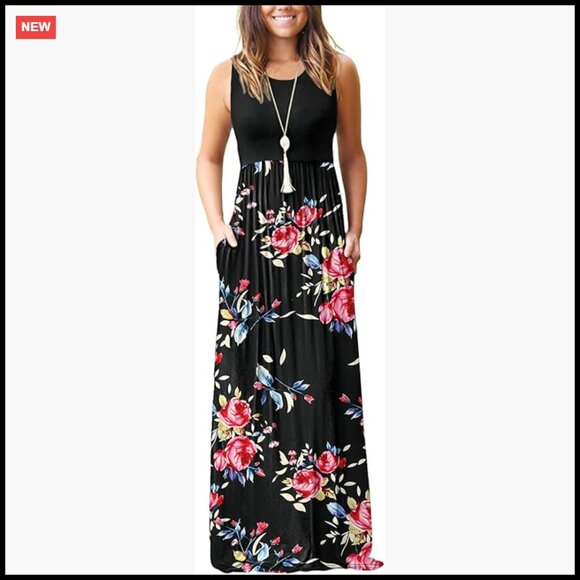 Dresses & Skirts - Sleeveless Maxi Dress with Pockets Casual Floral A-Line Summer Beach Wear